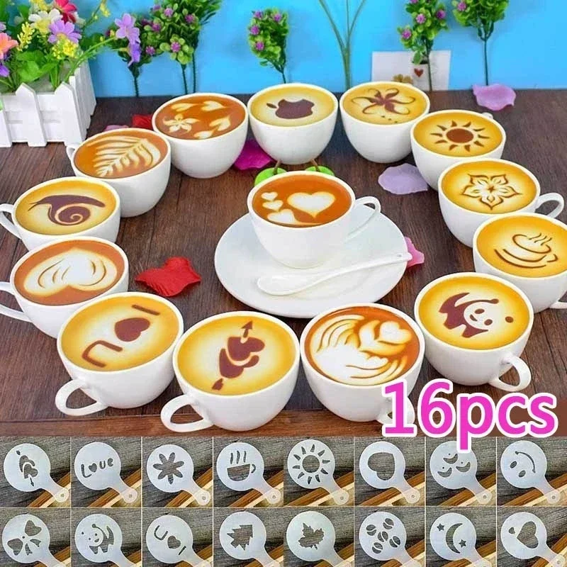 16Pcs/Set Coffee Drawing Mold Latte Cappuccino Barista Art Stencils Cake Templates Coffee Accessories Milk Mold Coffe Decoration