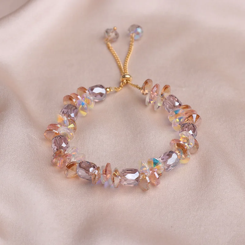 Shiny Crystal Bracelet for Women Adjustable Size Gold Color Metal Chain Colorful Beads Handmade Hand Strings Summer Jewelry Gift