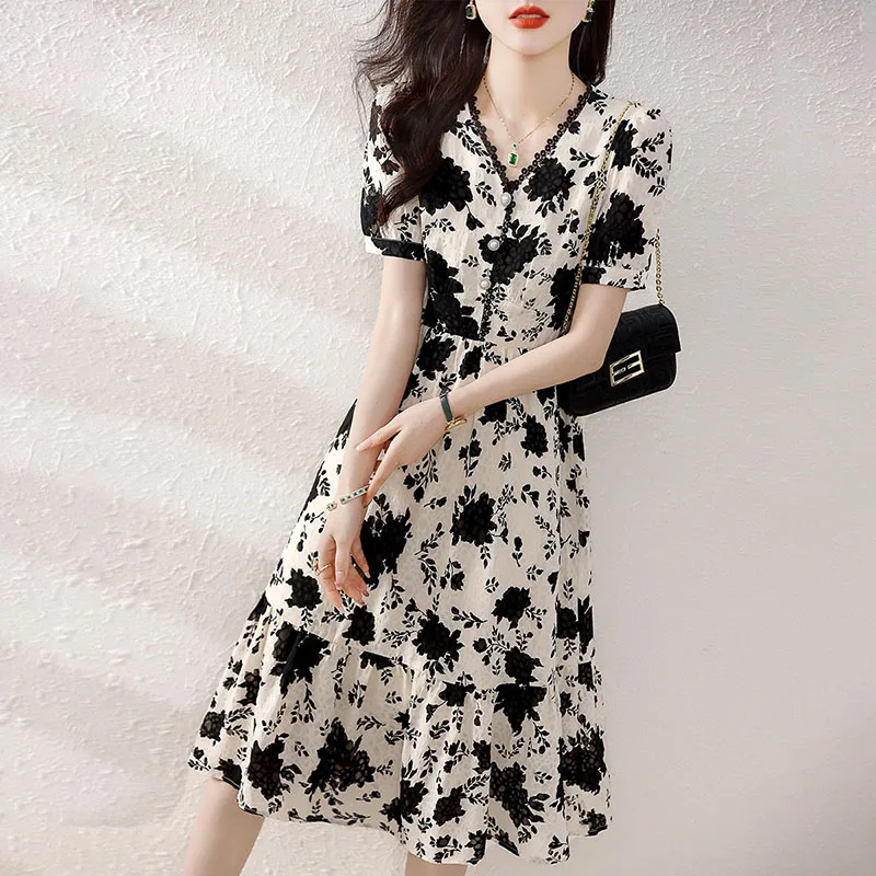 

Sandro Rivers French Floral Short Sleeve Dress Women 2024 Summer Senior Sense Waist Temperament Mid-Length A-Line Skirt