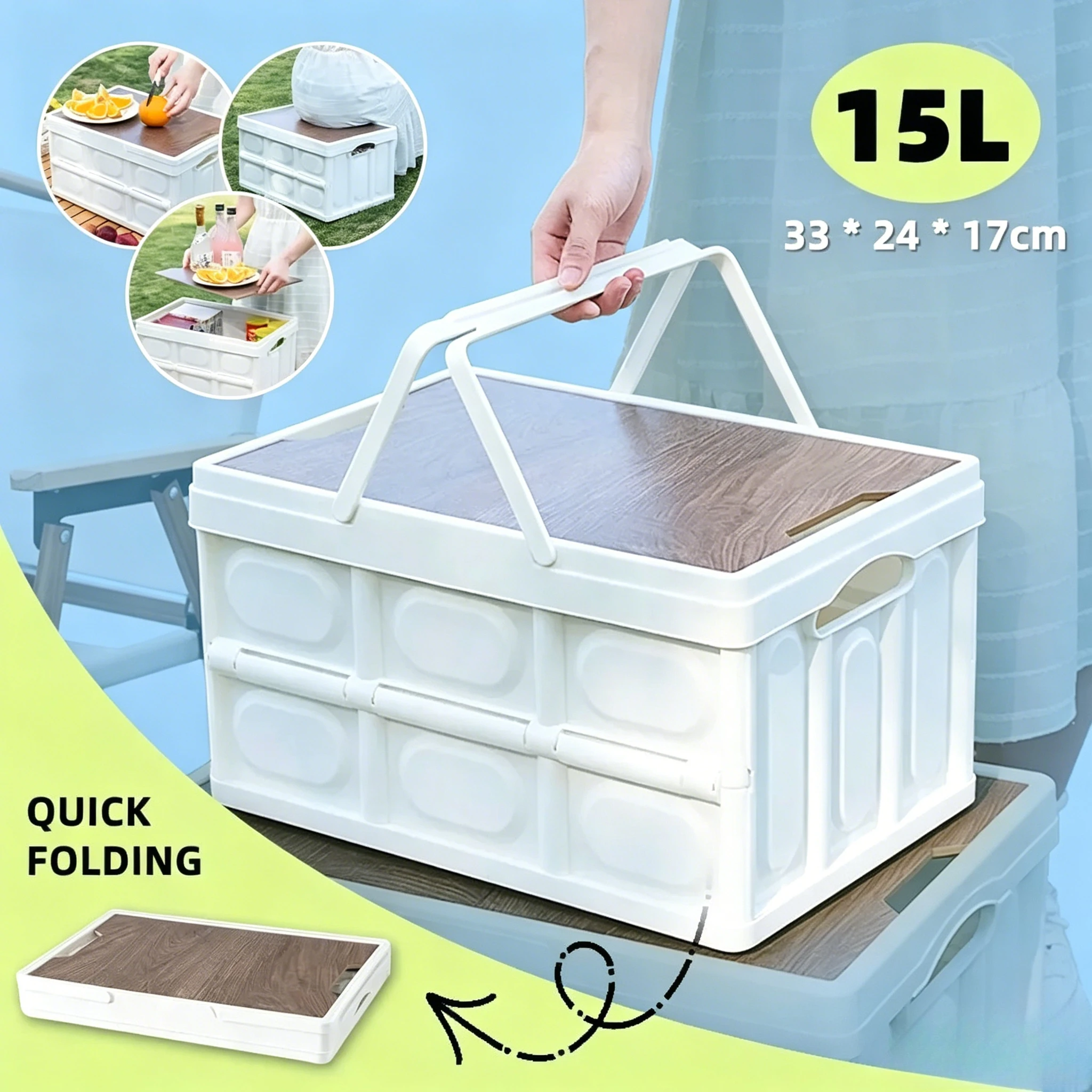 Caja de Almacenamiento Plegable de 15L para Camping, Organizador Portátil para Picnic al Aire Libre con Asa, Contenedor Multifuncional para Maletero de Coche