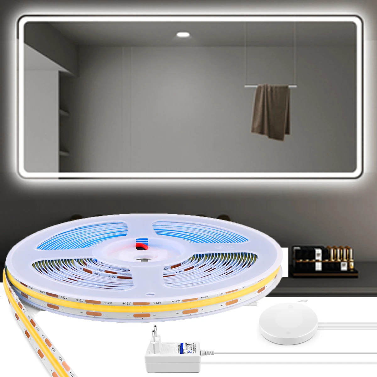LED Mirror Light Dimmer Hand Scan Sensor and Touch Dimmable Swtich DC12V COB LED Light Strip for Kitchen Bathroom Lighting Decor