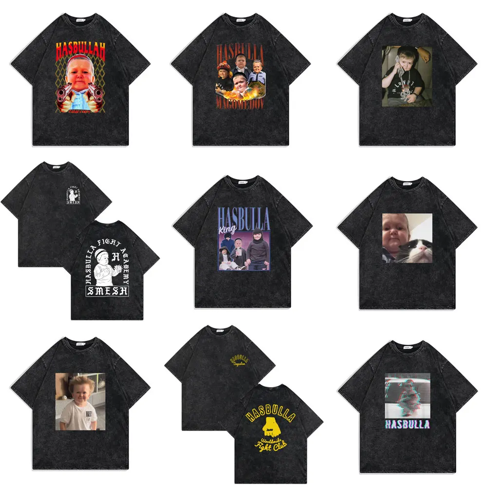 

Funny Hasbulla Fighting Meme T Shirt Mini Khabib Blogger Tshirt Men Women Wash Vintage Black Tees Pure Cotton Oversized T-shirts