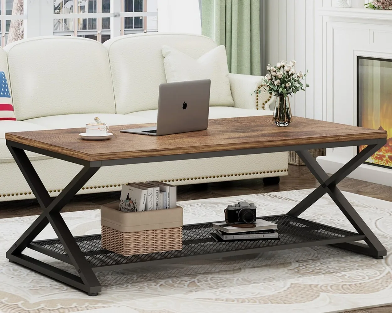 Coffee Table with Storage,Industrial Wood Metal 2 Tier Center Living Room Table with Mesh Shelf 3