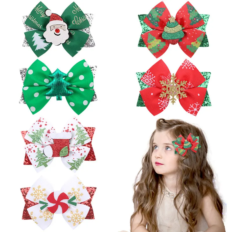 

New Christmas Hair Bows Clips Sparkly Ribbon Print Santa Claus Hairpins Headwear Xmas Socks Gift Hair Accessories For Girls