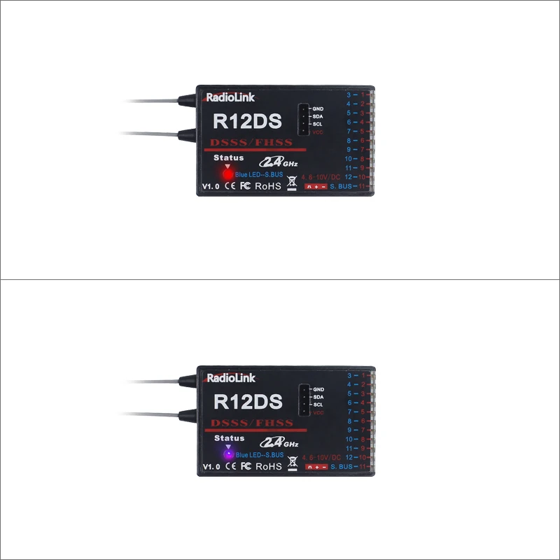 Récepteur RC R12DS 12 canaux SBUS/PWM 2.4GHz installé sur un drone, prêt à l'emploi