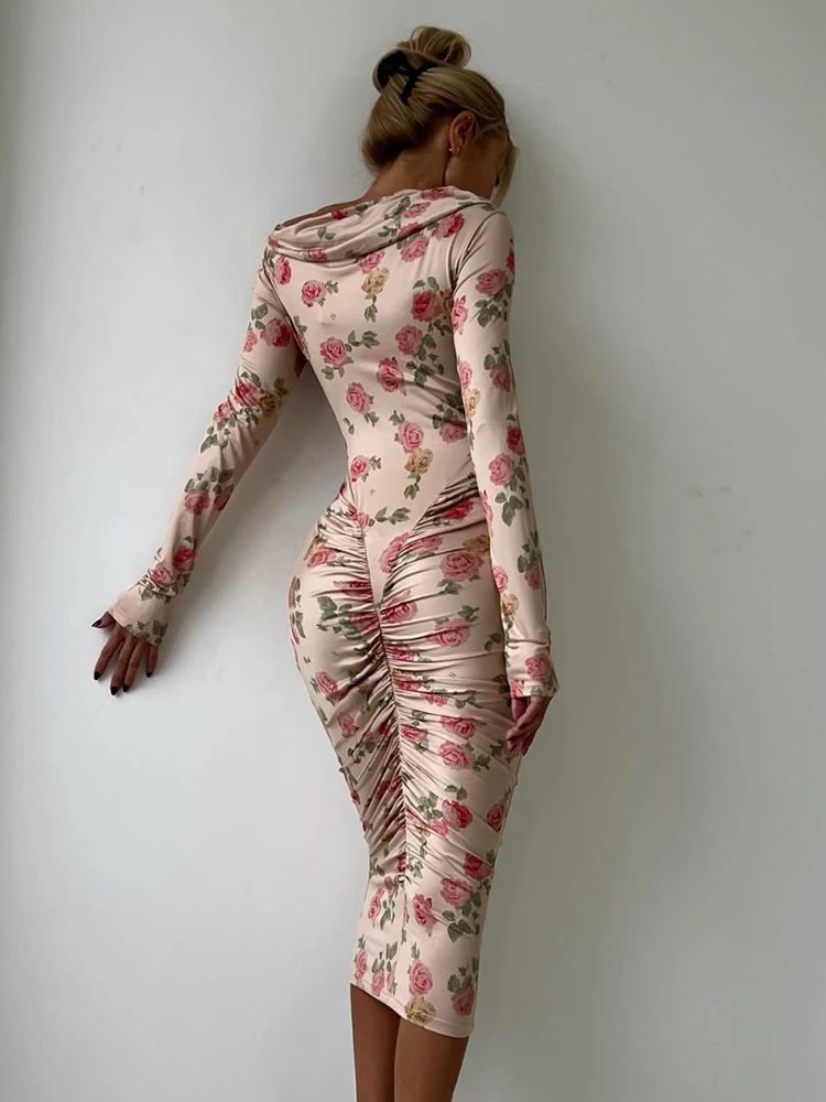 Nibber Rose Print Dress Women Asymmetrical Collar Peach Buttocks Folds Long Sleeve Elegant Banquet Stretch Hipster Vestidos
