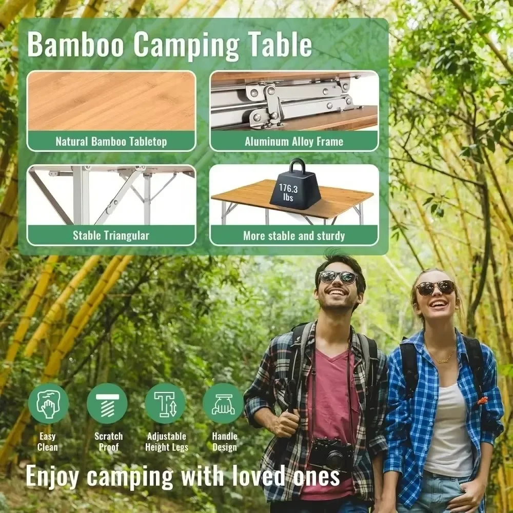 Bamboo Folding Table Portable Camping Table Adjustable Height Camping for Travel Picnic Beach Outdoor and Indoor Tables