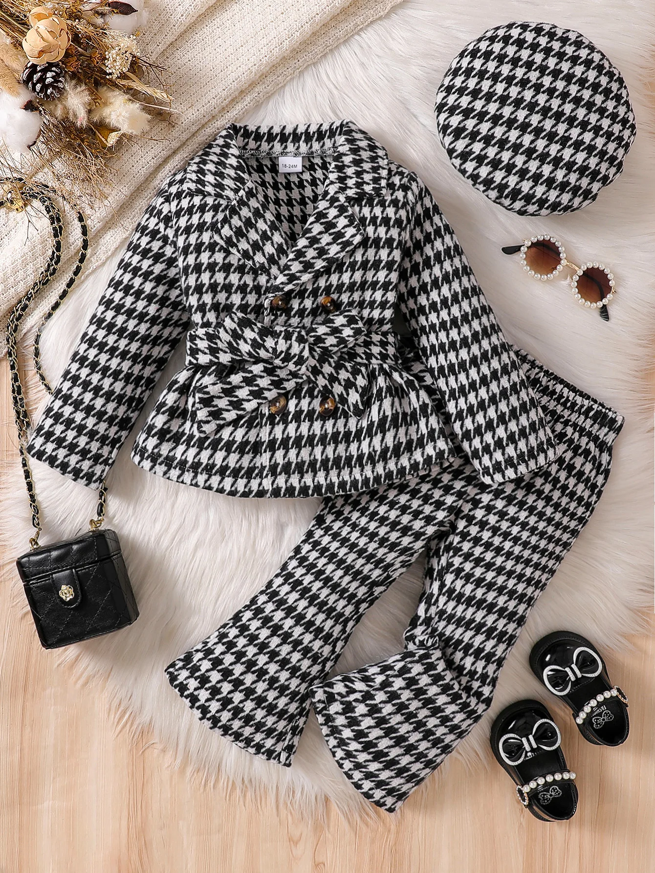 Kinder Mädchen 3Pcs Herbst Outfits Langarm Zweireiher Plaid Jacke mit Gürtel Flare Hosen Baskenmütze Hut Set Kinder anzug Für 1-6Y