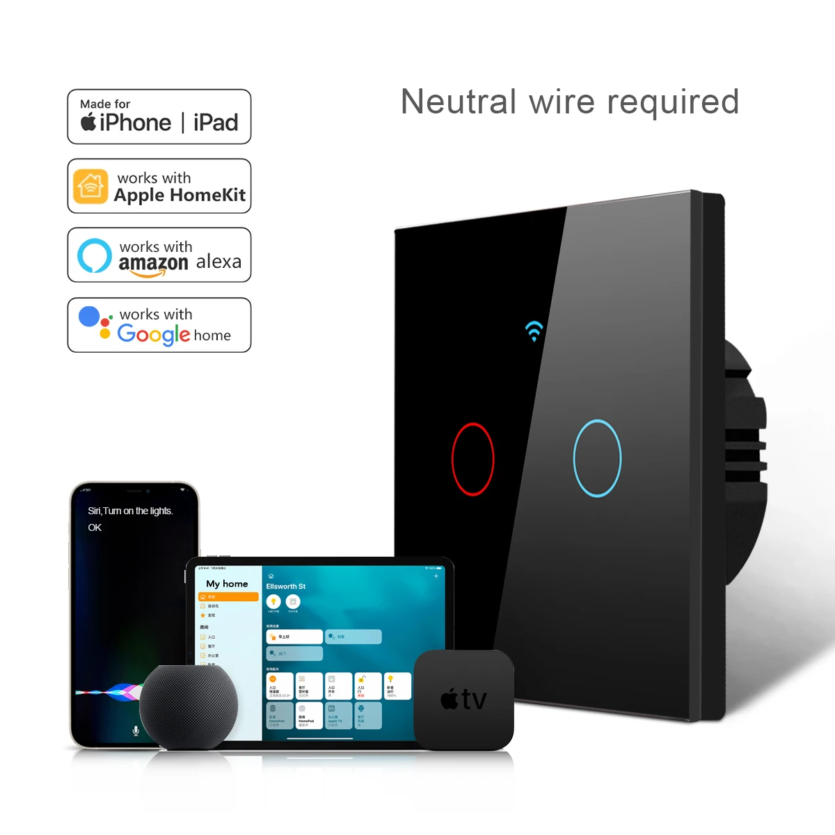 Smart Home LED Light Switch Work With Apple Homekit App Siri Voice