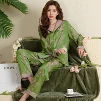Spring and Summer Premium Green Fashion Lapel Pajamas Loungewear Set Ladies Long Sleeve Long Pants Pajamas Loungewear Set - Image 3