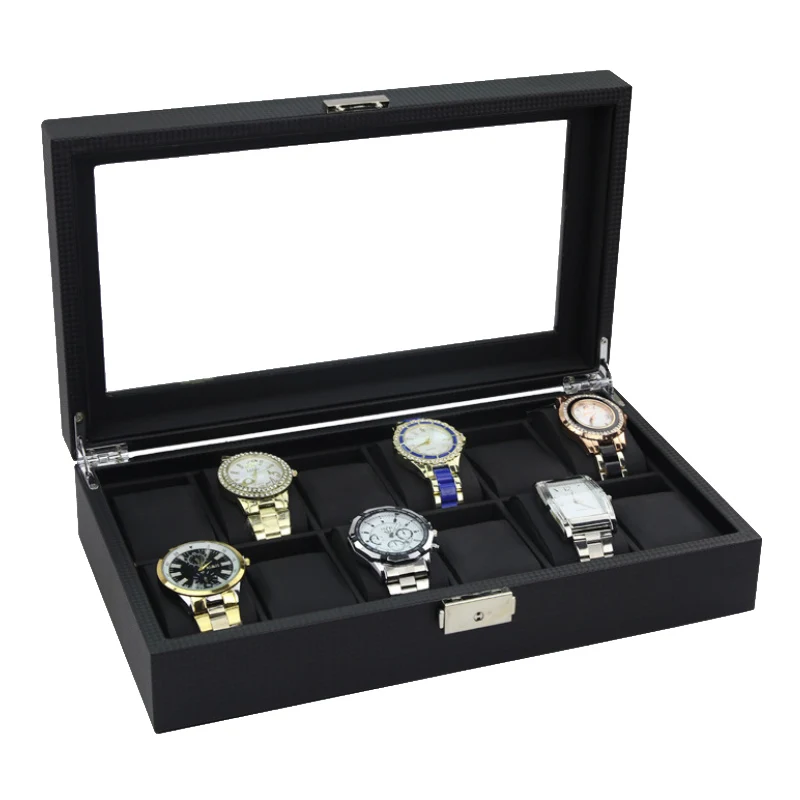 New High Quality Carbon Fiber Pattern Series/10/12 Grids Watch Box Storage Or Display Men Ladies Universal Gift Promotion |