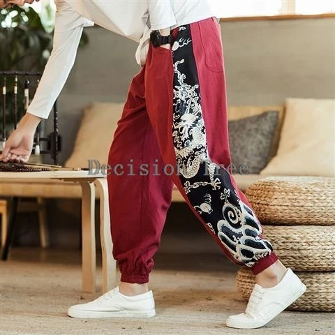 summer men chinese ethnic style tang suit pants exquisite dragon embroidery cotton linen trousers loose casual wushu pants
