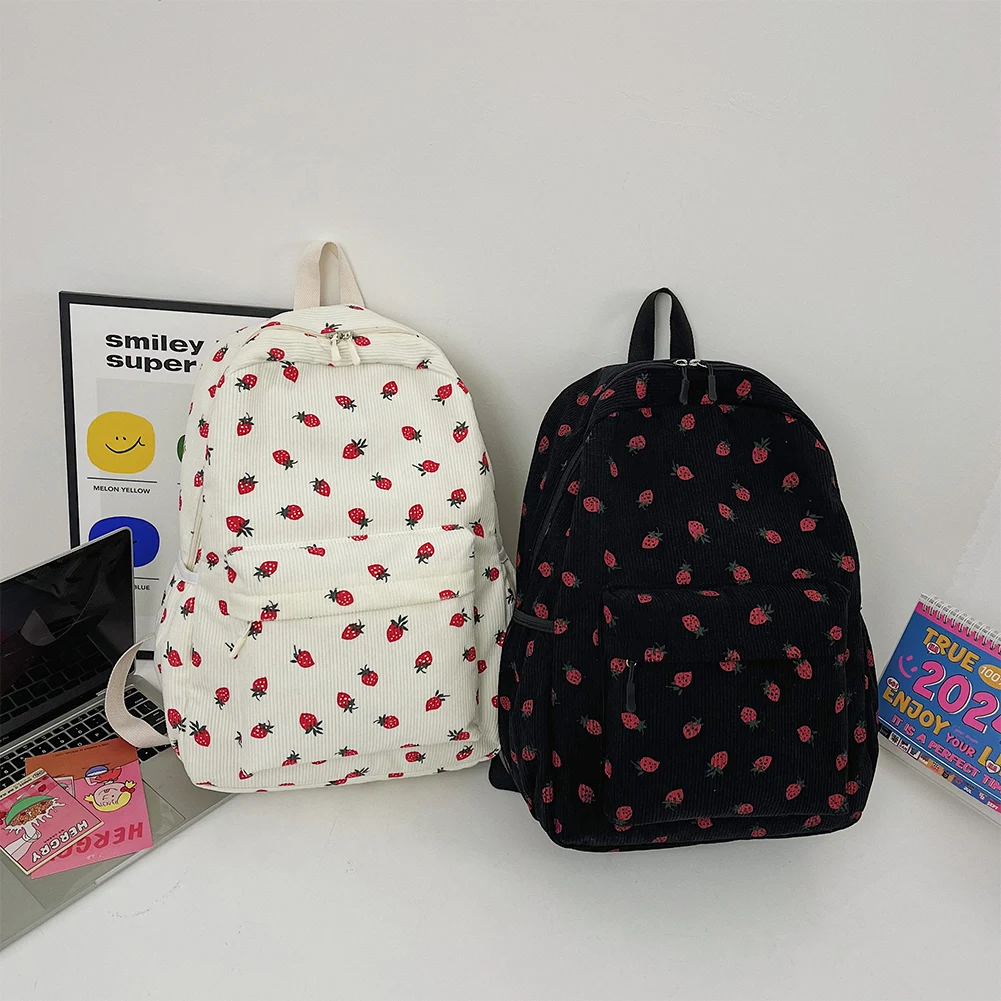 Corduroy Strawberry Backpack Casual Travel Large Capacity Adjustable Strap Womens Backpack for Women Girls
