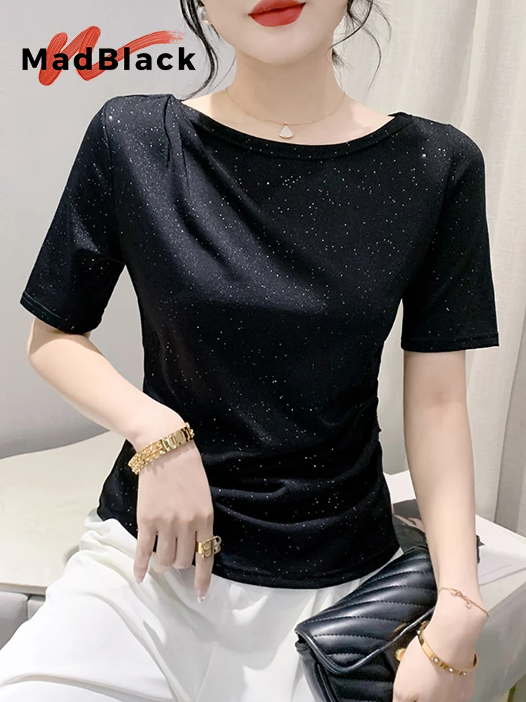 

MadBlack Summer European Clothes Tshirts Female Sexy Off Shoulder Ruched Glitter Hot Drill Slim Tops Short Sleeve Tees T36206JC