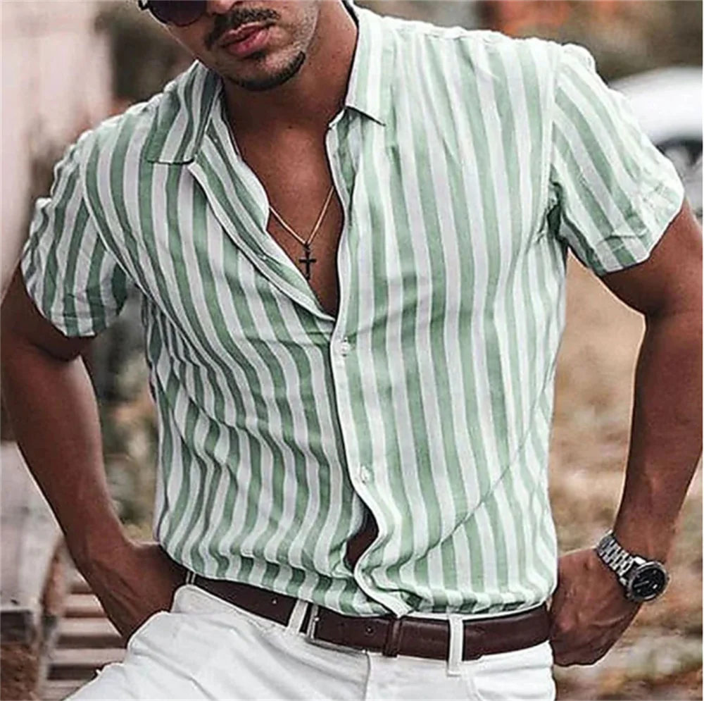 

Men's Shirts Holiday Hawaiian Beach Shirts Striped Print Tops Business Casual Cropped Oversized T-Shirts 5XL Designer Clothing