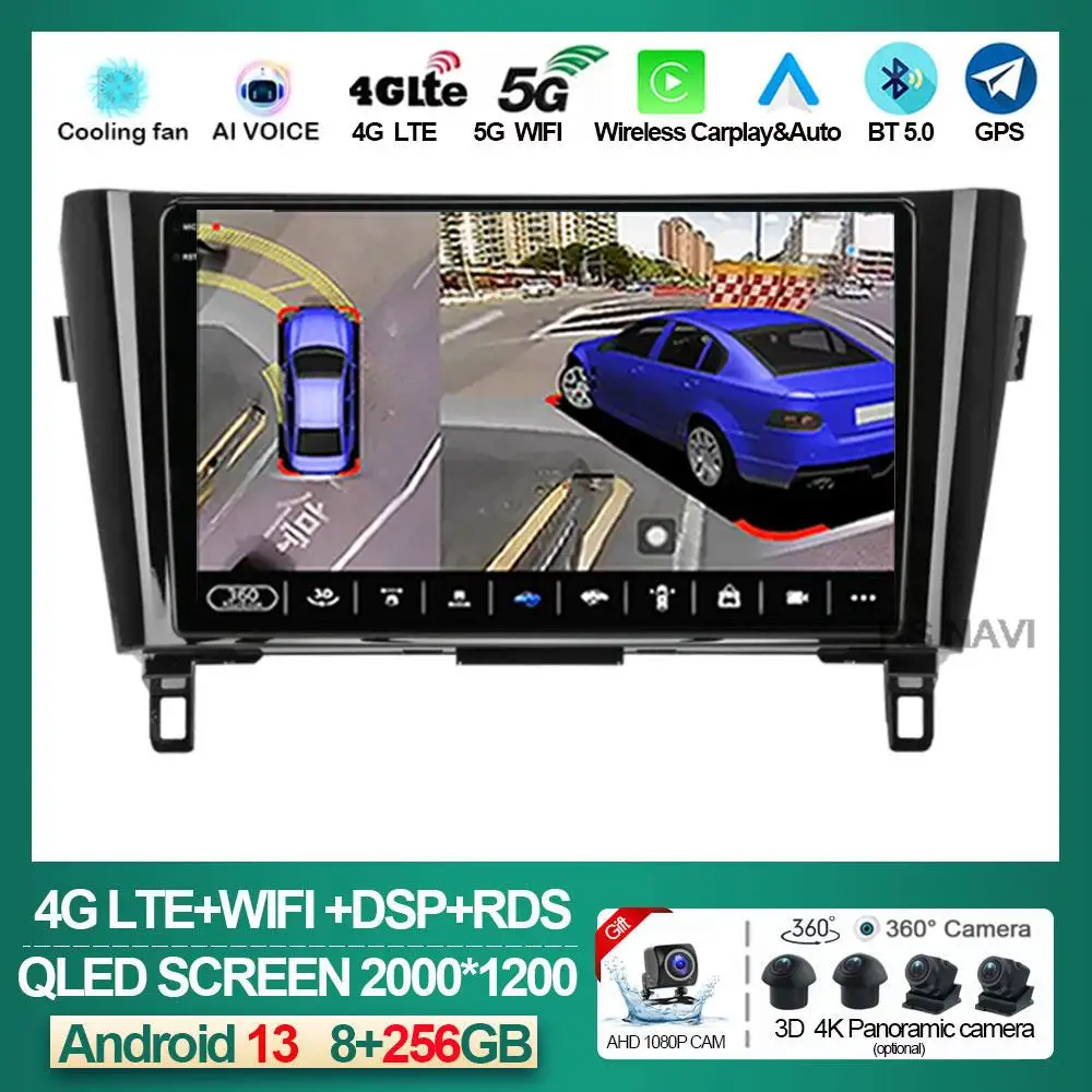 

Car Radio Player For Nissan X-Trail Qashqai 2 2014 2015 - 2017 2018 GPS Navigation Multimedia Video Carplay Android 13 Auto