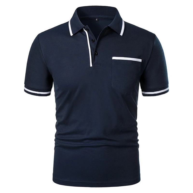 New Men's Short Sleeve Polo Shirts Solid Color Casual T-shirt Summer Trendy Breathable Loose Basic Splice Top Pockets Men Shirts 2