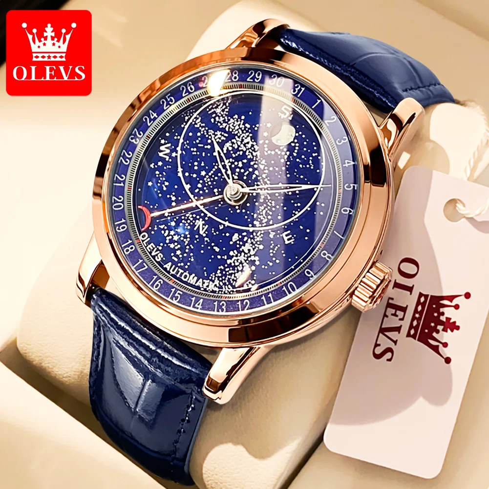 OLEVS Automatic Mechanical Watch for Men Starry Rotating Dial Luxury Fashion Rose Gold Waterproof Wristwatch Mecánico Superficie bull head 12 zodiac drill automatic men and women s rotating belt high quality new fashion youth leather crocodile belt a3233