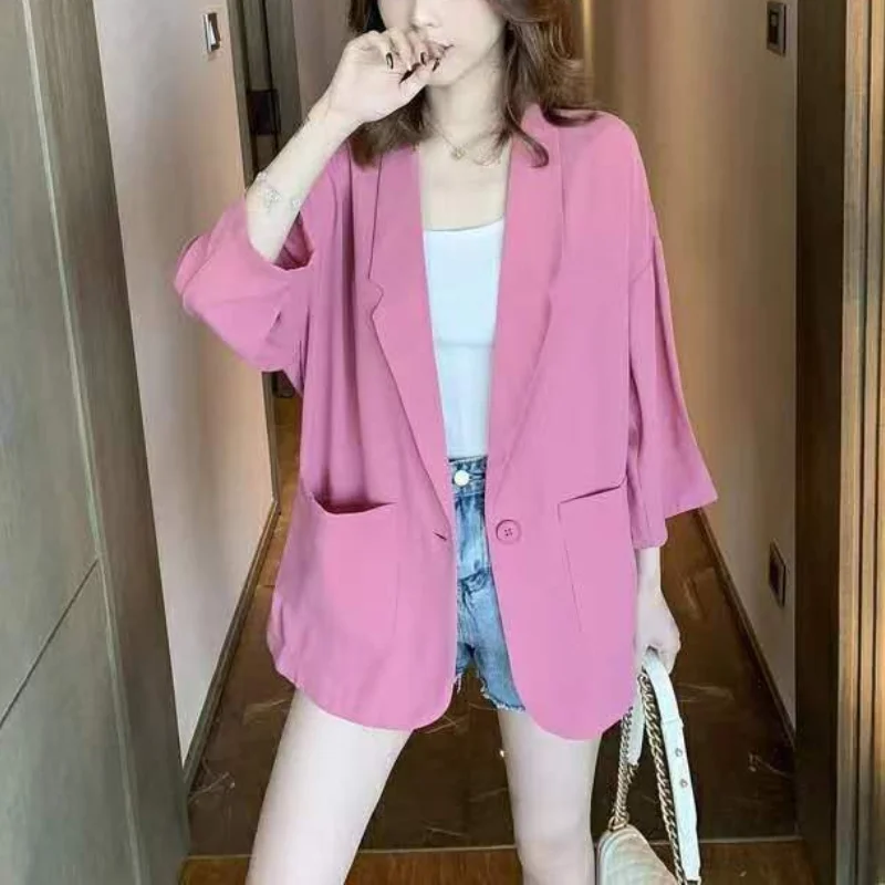 Women's Summer Korean New Small Suit Fashion Casual Tops Button Pocket Splicing Loose Breathable Versatile Middle Sleeve Coat