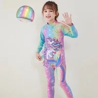 Kids Wet suit Long Sleeve Surfing Suit Rainbow Star Unicorn Diving Snorkeling Swimming Jumpsuit  Dive Swimwear Girls With Cap 6