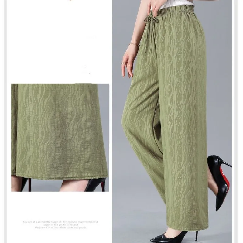 Simplicity Commuter Summer Thin Pants Women Solid Elastic Waist Drawstring Loose Casual High Waist Straight Wide Leg Trousers