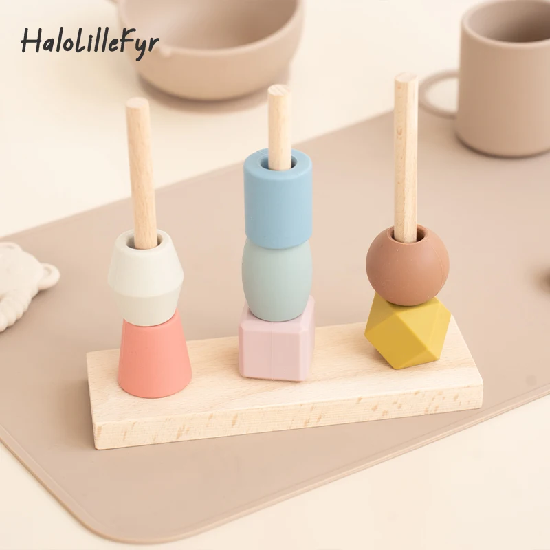 

Baby Silicone Stacking Building Block Toys Puzzle Educational Montessori Wooden Toy Geometric Sets Kids Cognitive Matching Game