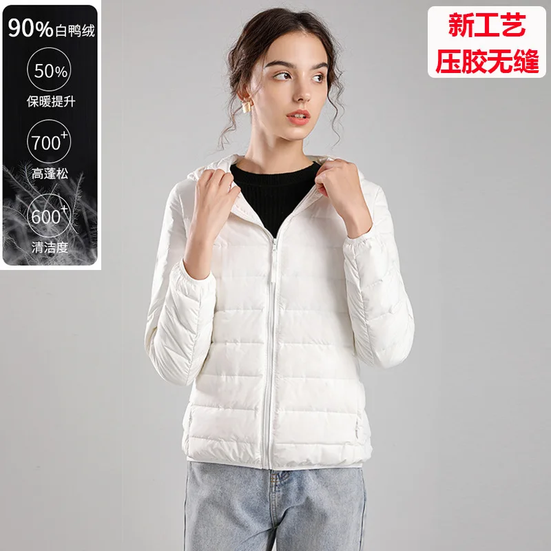 цена 2022 New Thin Down Jacket Women Short Fashion Hooded Thin Coat Winter Warm White Duck Down Jacket