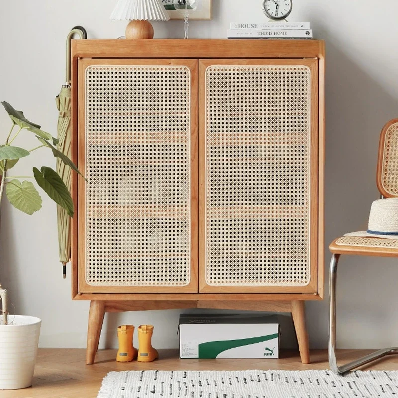 

Entrance Artist Porch Shoe Home Large Capacity Storage Rattan Woven Breathable White Oak Nordic Solid Wood Cabinet