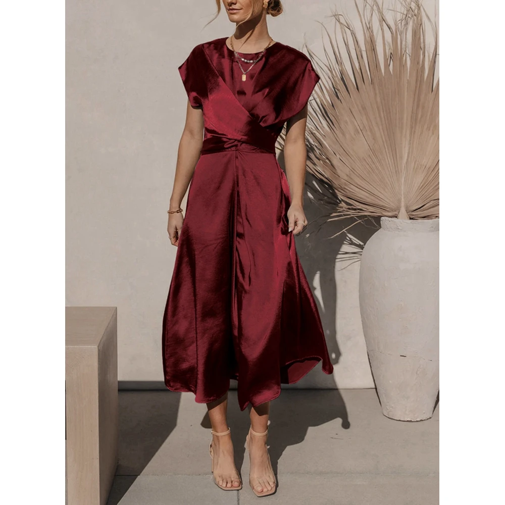 

Women's Elegant Round Neck Solid Color Slim Waist Long Dress with Belt Evening Prom Gowns Femme New Sleeveless Party Maxi Dress
