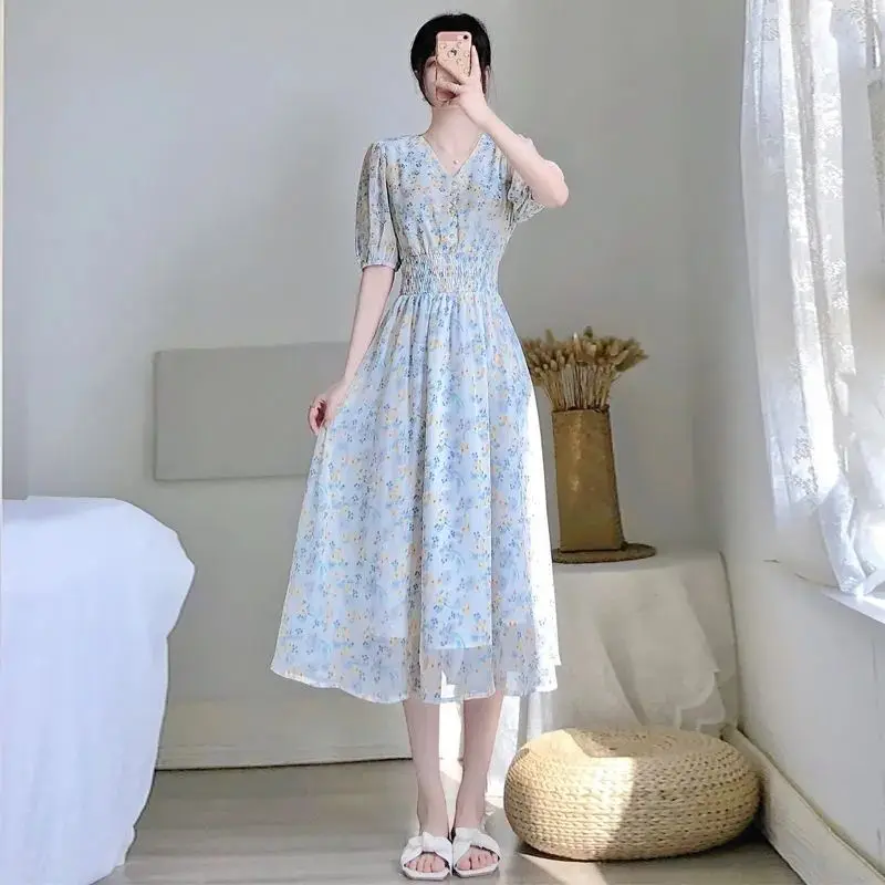

Summer New Women's V-neck Dress Loose Casual Printed Chiffon Dress