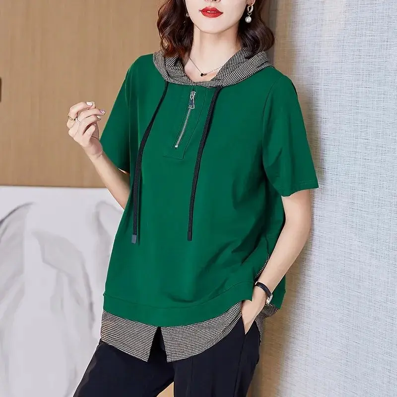 Women's Summer New Hooded Pullover Fashion Devise False 2 Pieces Zipper Plaid Splicing Casual and Versatile Short Sleeved Tops