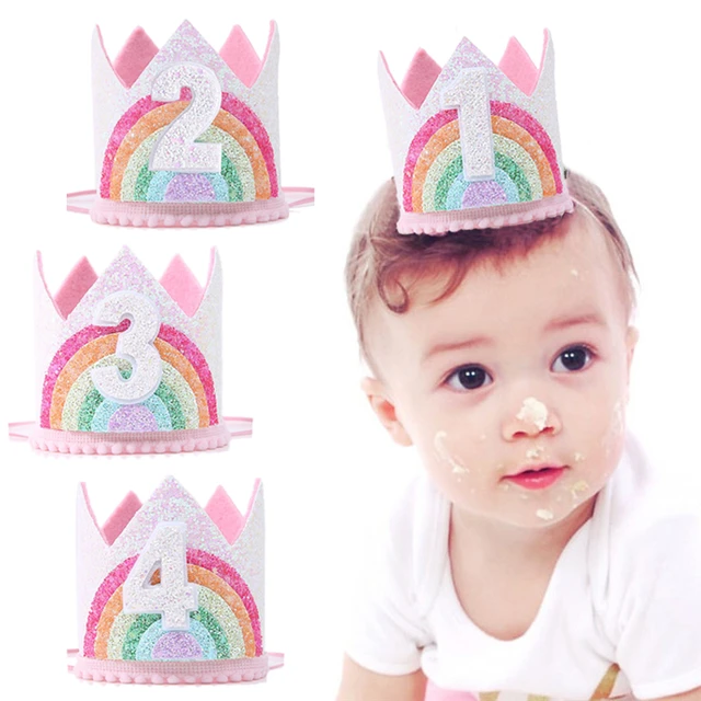 Corona de cumpleaños de arcoíris de 1 a 6 años de UDS, sombrero de fiesta  de primer cumpleaños, accesorio para el cabello de niña, diademas gorras -  AliExpress