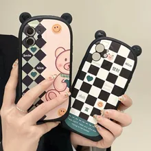 

Luxury chocolate bear leather Embossing Retro checkerboard Phone Case For iPhone 13 12 11 Pro Max XR Xs Max X 7 8 Plus Case Cute