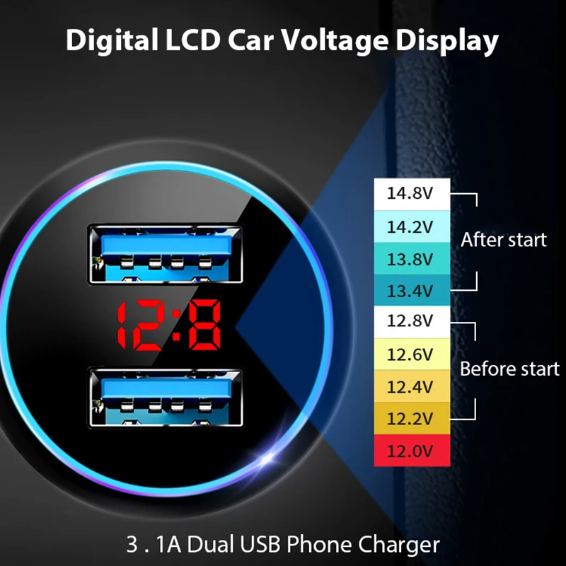 듀얼 USB 소켓 3.1A 휴대폰 충전기 담배 조명 플러그 전원 어댑터, 2 포트 USB 디지털 LCD 전압 디스플레이, 12V 24V 차량용