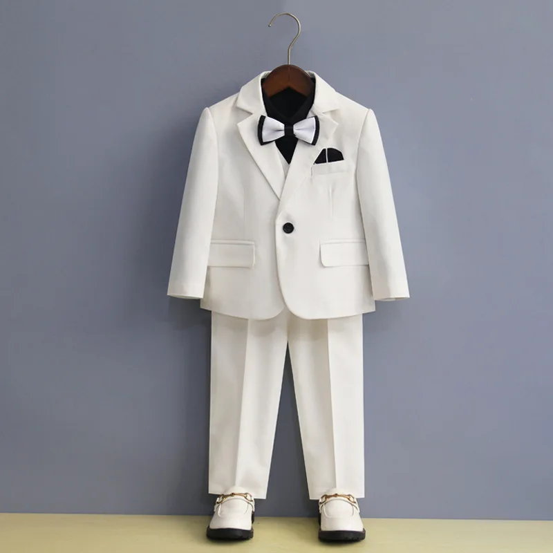 Children's Formal White Black Suit Set Boy Wedding Dress   Birthday Party Host   Performance Costume Kids Blazer Pants Bowtie