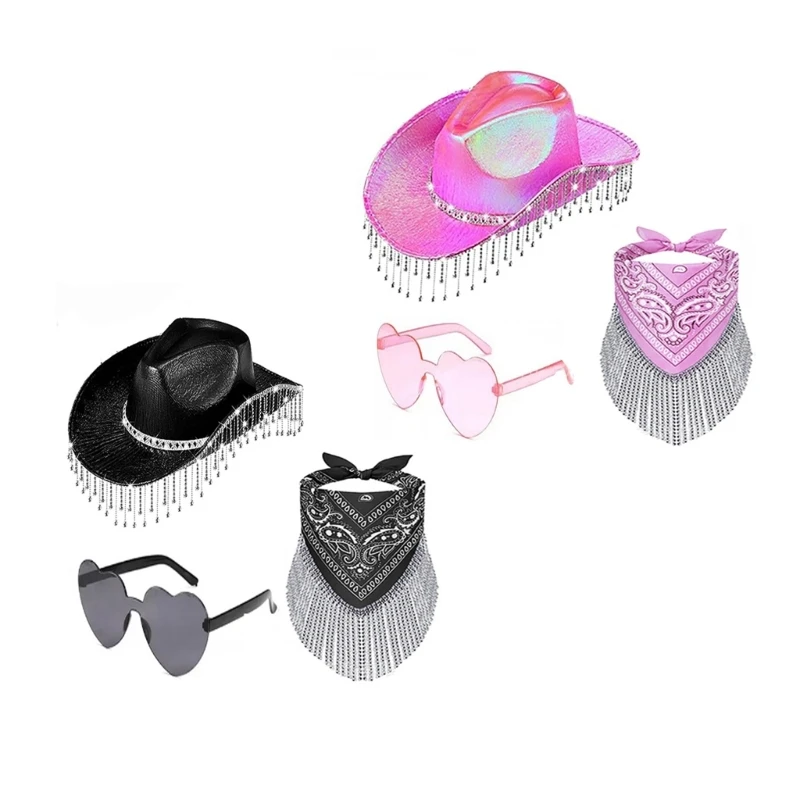 

Bandana,Cowgirl Rhinestones Hat & Heart Sunglasses Set Party Props for Womens Teens Vintage Costume