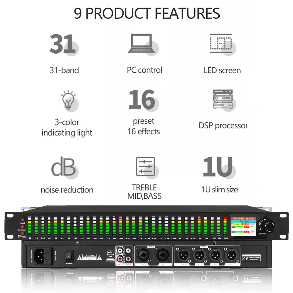 31-Band Digital Equalizer – Stereo Graphic EQ With Remote, LED Spectrum, Coaxial/Optical Inputs | Studio & Home Audio