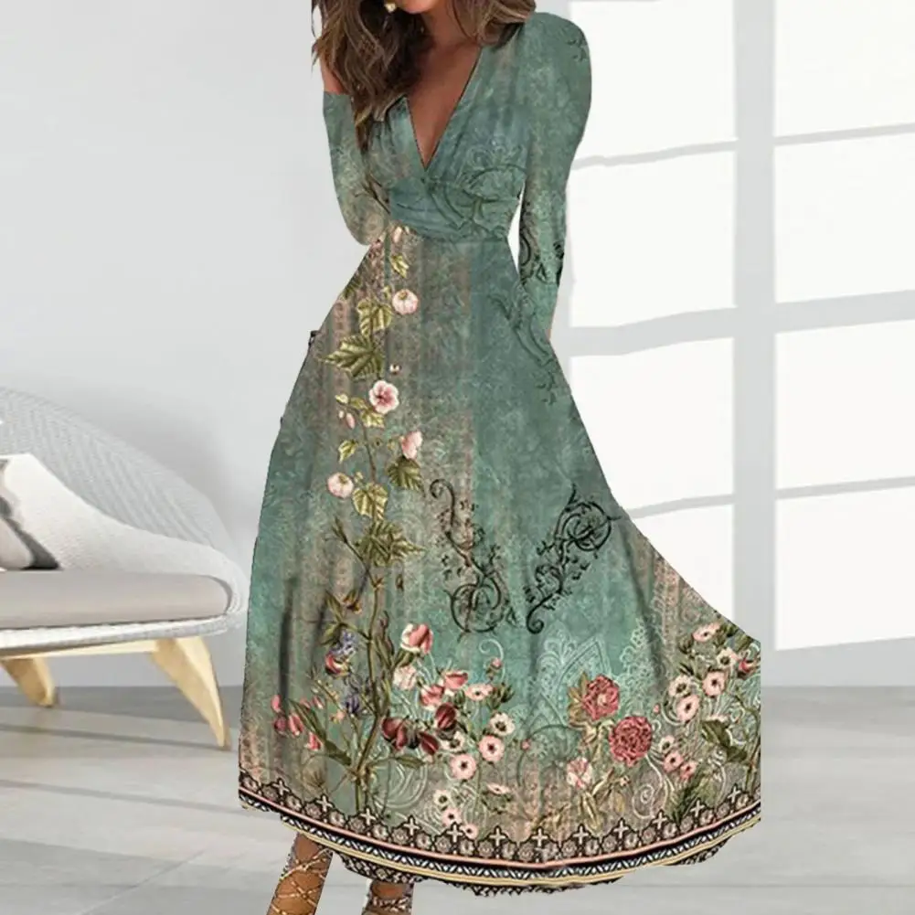

Floral Printed Dress Lightweight Printed Dress Elegant Floral Print Maxi Dress V-neck Long Sleeve High Waist A-line for Women