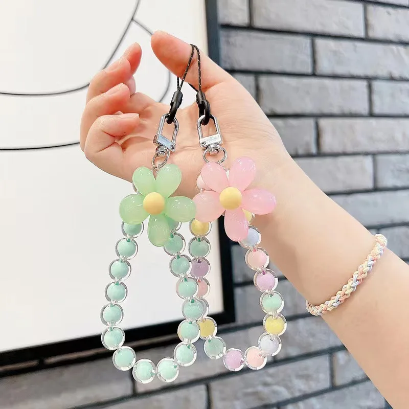 Sweet Flower Beaded Phone Chain Lanyard for Women Fashion Colorful Butterfly Cellphone Case Wrist Band Jewelry Accessories phone chain accessories