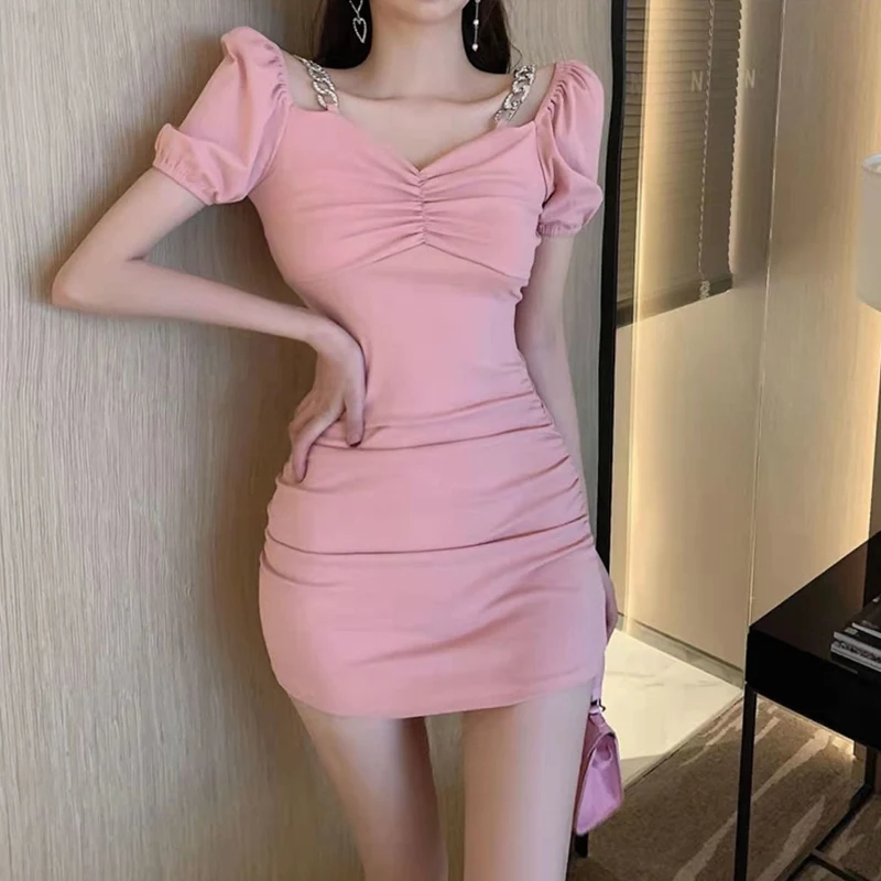 2022 Summer Nightclub Fashion Solid Sexy Off Shoulder Chain Slip Bodycon Dresses Women Puff Sleeve Elegant Pleated Dress Vestido