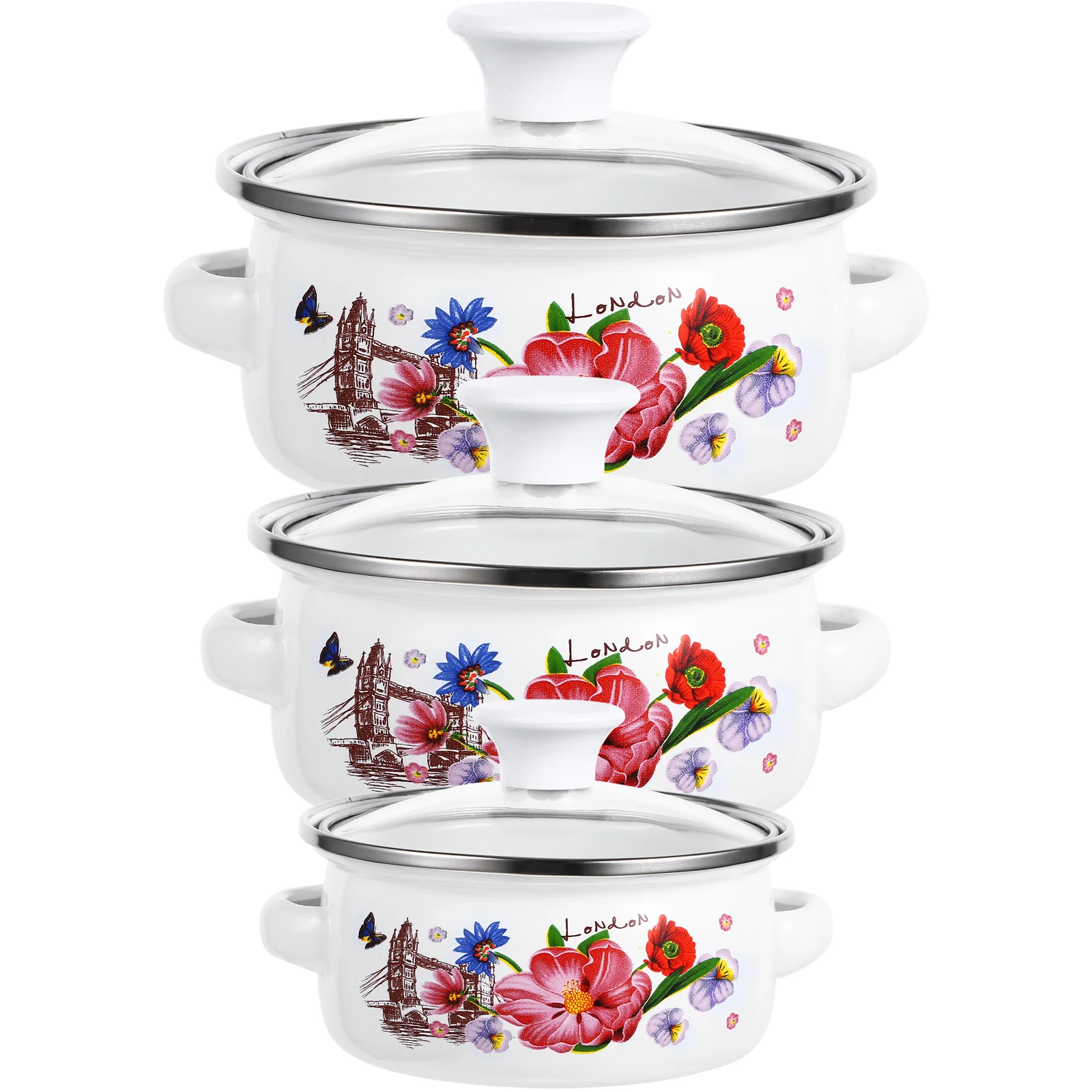 

Kitchen Enamel Stockpot Lid 3Pcs Retro Flower Stew Bean Cooking Pot Vintage Soup Pot Handles Nonstick Simmer Pot