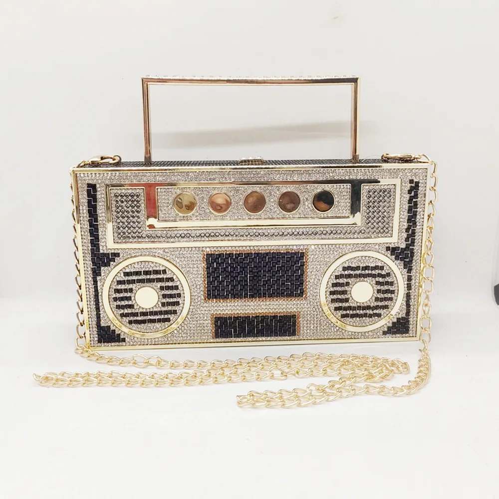 Chaliwini Color Diamonds Radio Evening Clutch Bag Women Bridal Wedding Metal Handle Shiny Rhinestone Purse And Handbags Designer