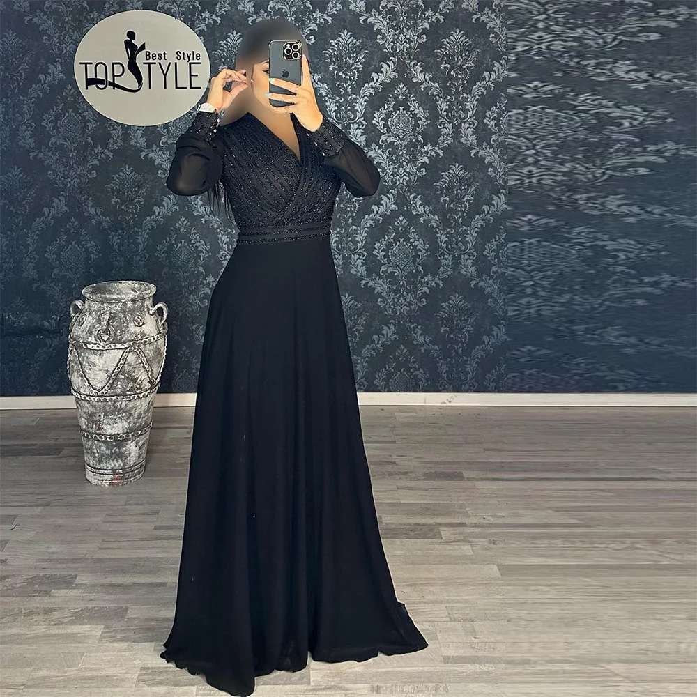 

Sevintage Black Beading Sequined Prom Dresses V-Neck Long Sleeves Pleat Ruched A-Line Saudi Arabic Evening Gowns Formal Dress