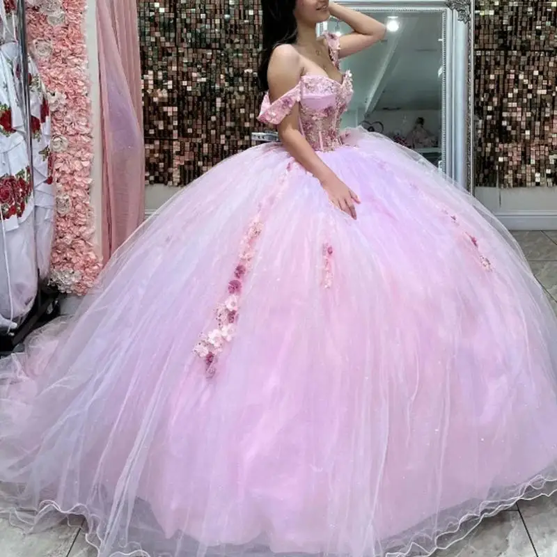 Graceful-Pink-Princess-Girl-Quinceanera-Dresses-Off-Shoulder-Floral ...