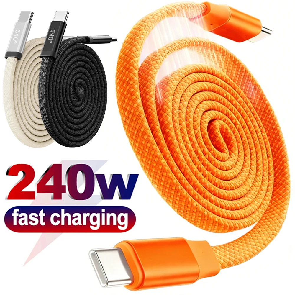 High-Speed 240W Magnetic USB-C Coiled Charging Cable - Durable Flat Nylon Cord