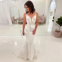

Sexy White Wedding Dress Spaghetti Strap Backless Deep V Neck Bride Vestido Lace Mermaid Lace Appliques Formal Robe de mariee