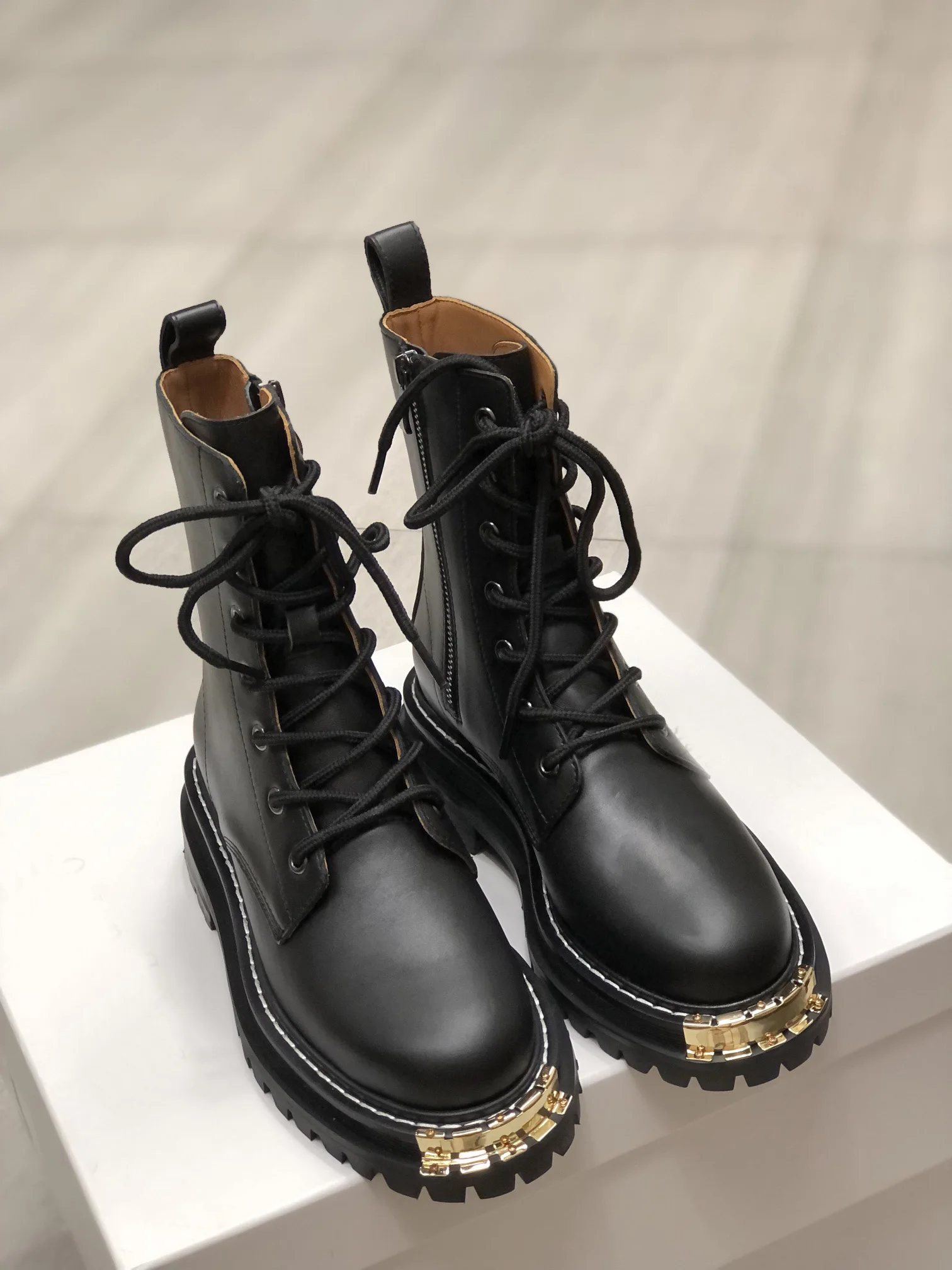

Paris Lace-up Ankle Boots Notched Sole Metal Detail Shoes Real Photos