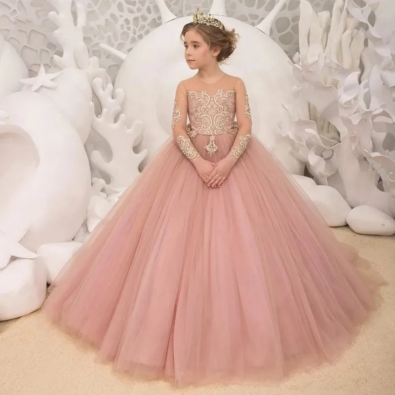 

Illusion Long Sleeves Flower Girl Dresses Pink Tulle Lace Decal Princess Wedding Party Ball Gown Kids Surprise Birthday Present