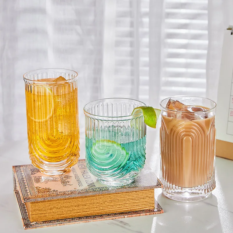 INSETLAN Vintage Glassware Arch Design Glass cups Set of 4,  Fashioned Ripple Glassware Highball Glass, Classic Transparent Cocktail  Glasses, for Bar Beverages Ice Coffee Juice Water (4pcs-L): Highball Glasses