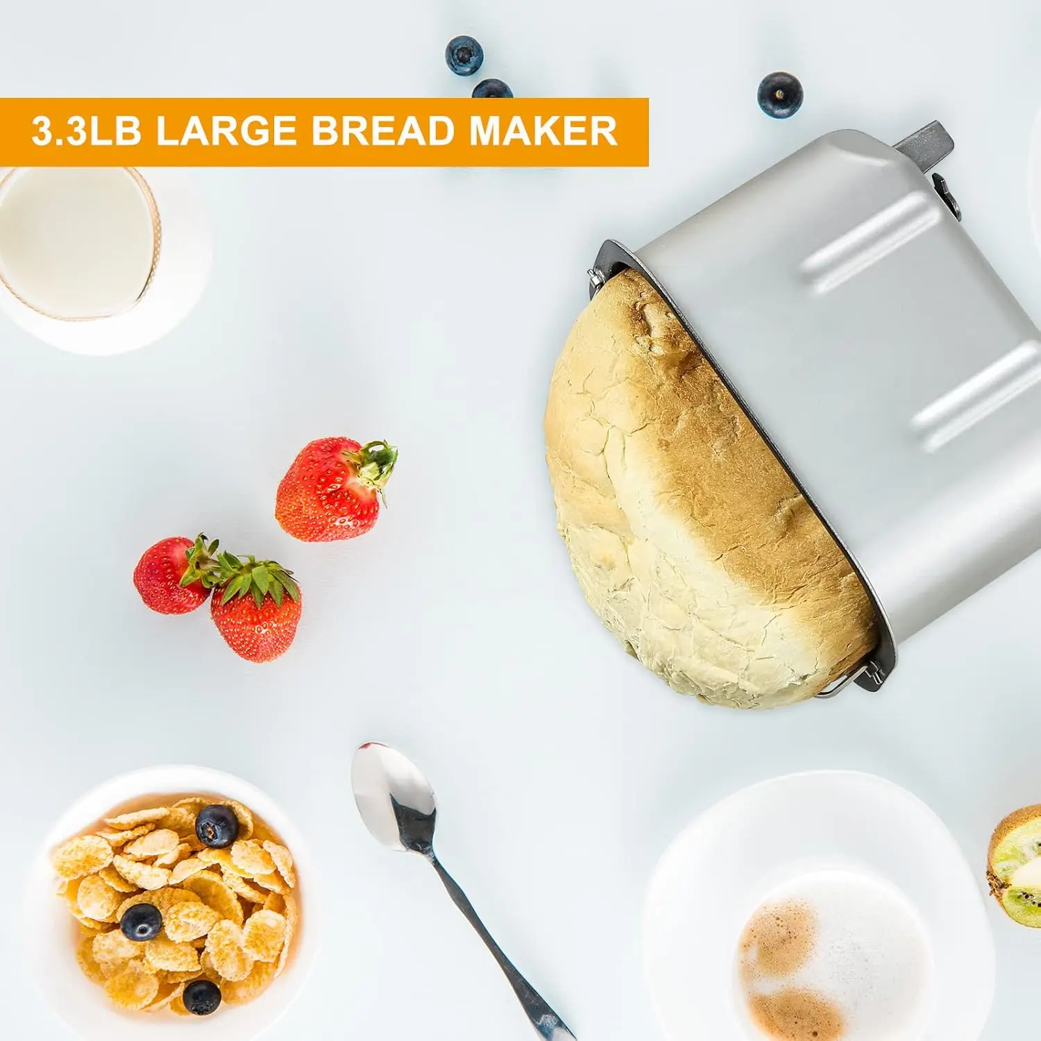 Bread Machine with Dual Kneading Paddles 15-in-1 Breadmaker Dough Maker with Gluten Free Setting, 3 Loaf Sizes 3 Crust 5